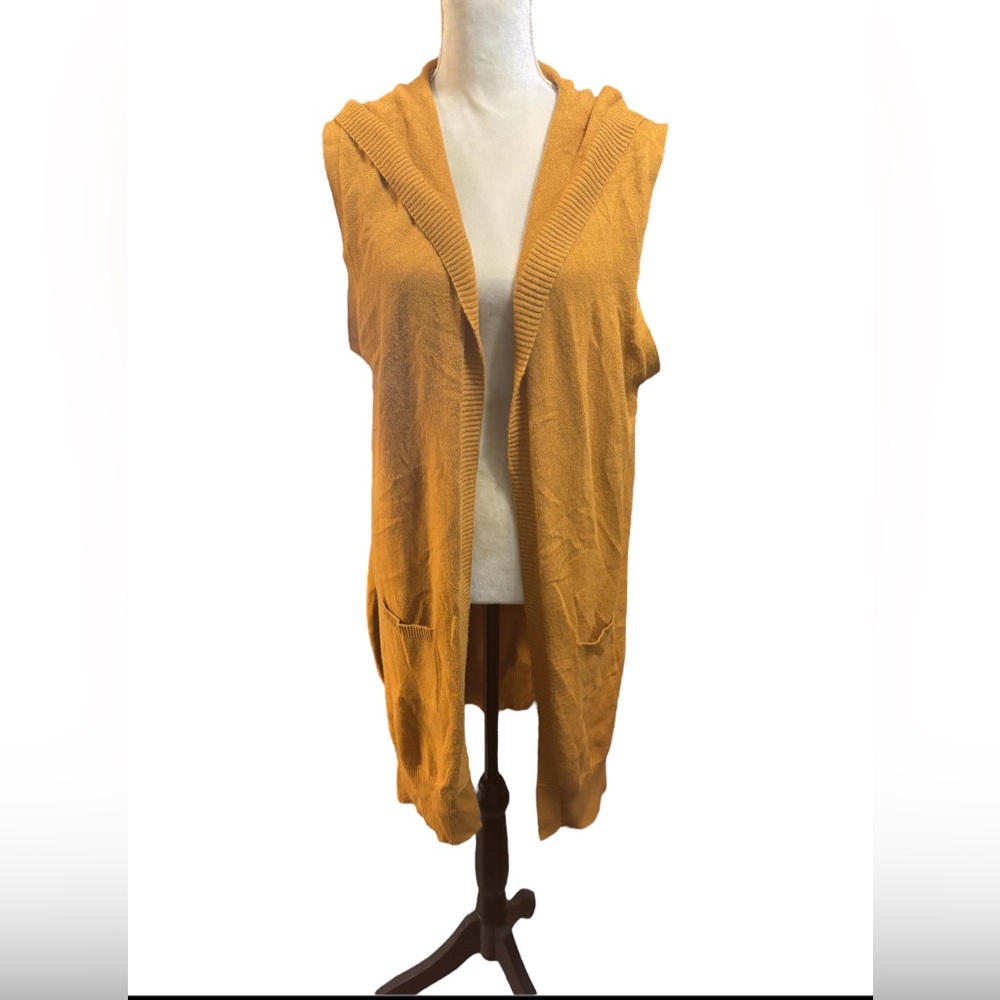 Mustard Hooded Sleeveless Cardigan Vest Long Open Front Boho Layering Piece Sz L
